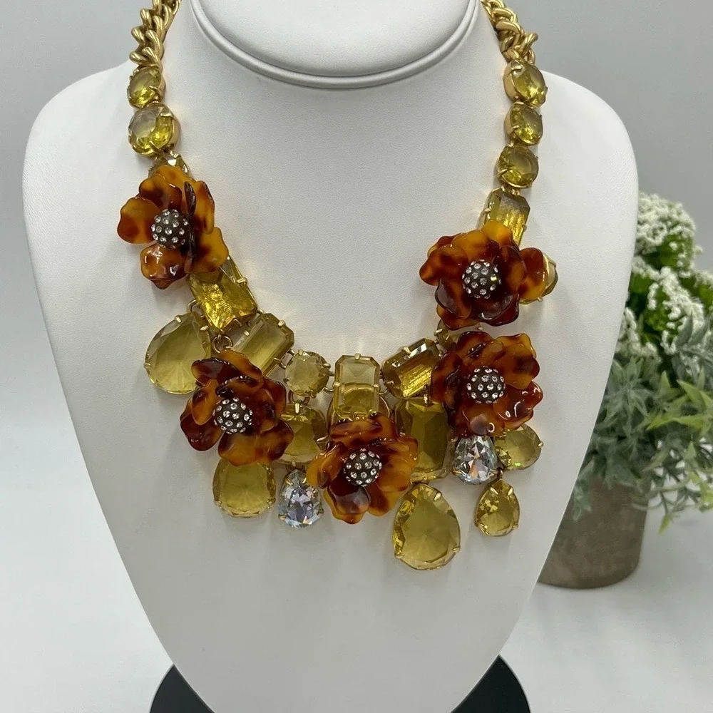 J. Crew Tortoise Shell Flower Asymmetrical Pave Yellow‎ Rhinestone Bib Necklace
